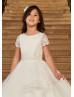 Short Sleeves Ivory Lace Tulle Keyhole Back Flower Girl Dress